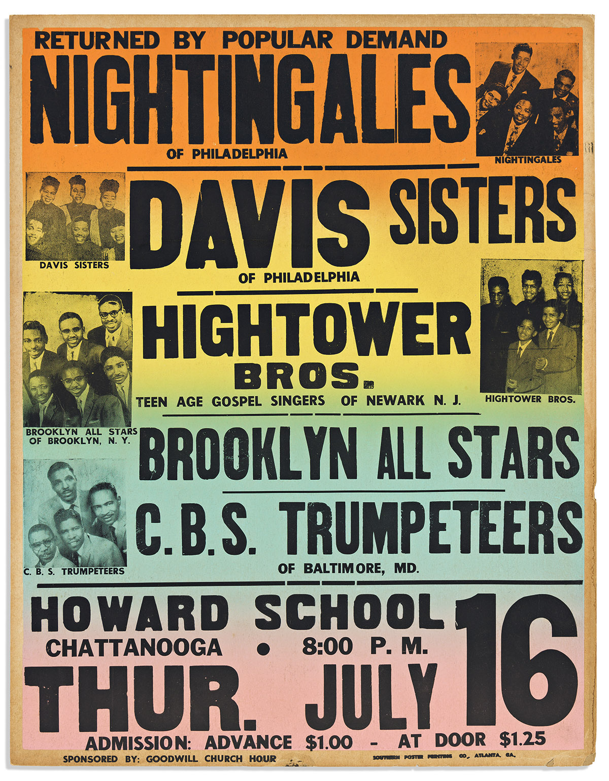 (ENTERTAINMENT--MUSIC.) "Returned by Popular Demand" poster with gospel acts Nightingales, Davis Sisters, Hightower Brothers and more.